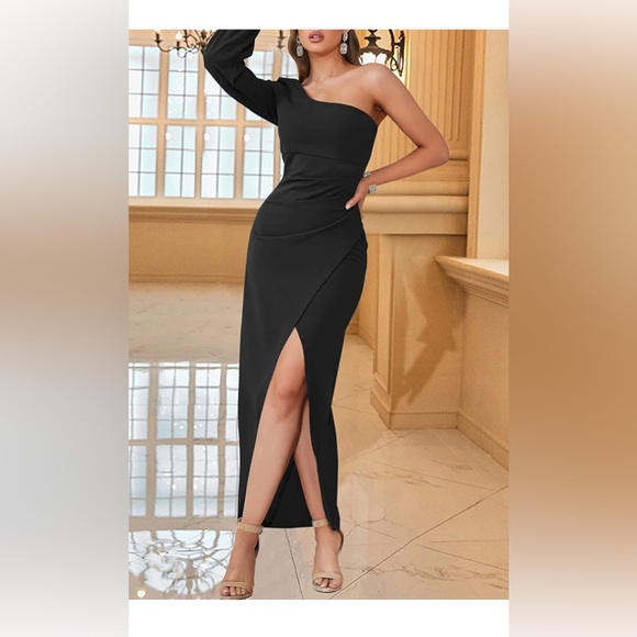 One Shoulder Long Sleeve Sexy High Slit Ruched Bodycon Wedding Party Maxi Dress - Picture 6 of 8